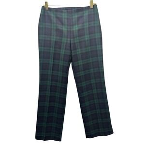 J Crew Italian Wool Plaid Pants Womens Size 2 Green Navy High Rise Career